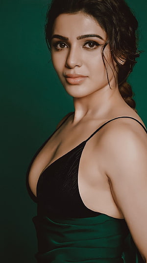 Samantha Akkineni Studio Portrait in Black and Green Dress HD phone wallpaper