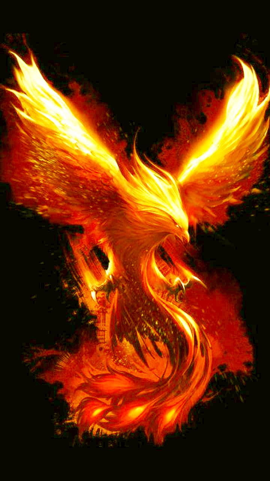 Majestic Phoenix Bird Rising in Flames on Black Background HD phone wallpaper