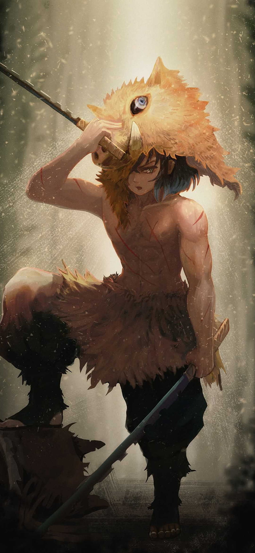 Inosuke Hashibira Demon Slayer Warrior in Bird Mask and Feathered Garments HD phone wallpaper