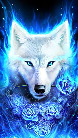Mystical White Wolf with Glowing Blue Eyes and Ethereal Ice Flames HD phone wallpaper
