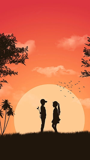 Silhouetted Boy And Girl Facing Each Other Under A Giant Sunset Sun With Birds And Palm Trees HD phone wallpaper