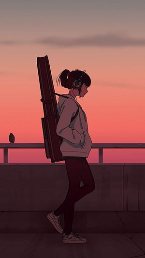 Anime Girl Walking with Guitar Case and Headphones at Sunset HD phone wallpaper