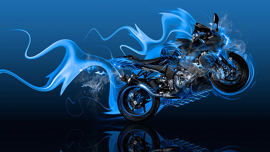Sleek Black Sport Motorcycle Surrounded by Swirling Blue Energy Flames on Dark Background HD wallpaper