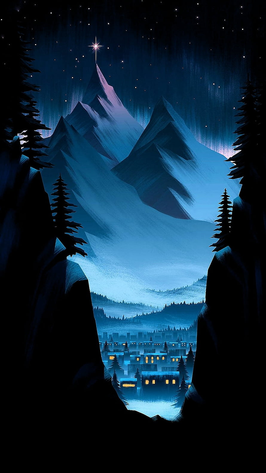 Starry Night Mountain Valley with Snow-Capped Peaks and Distant Village Lights HD phone wallpaper