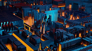 Worldboard City: Futuristic Cyberpunk Metropolis with Neon Blue and Orange Lighting HD wallpaper