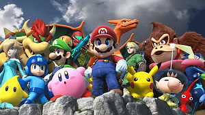 Super Smash Bros Ultimate Roster Featuring Mario, Link, Pikachu, Kirby, and Mega Man on Rocky Terrain, Fondos de pantalla de Mario Bros HD wallpaper