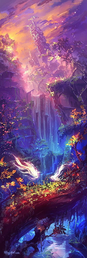 Fantasy Waterfall and Ancient Ruins in a Vibrant Purple and Orange Landscape HD phone wallpaper