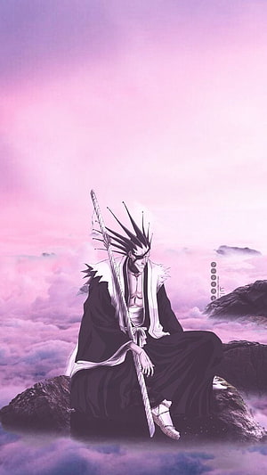 Kenpachi Zaraki from Bleach Sitting on a Rocky Outcrop Above a Sea of Pink Clouds HD phone wallpaper