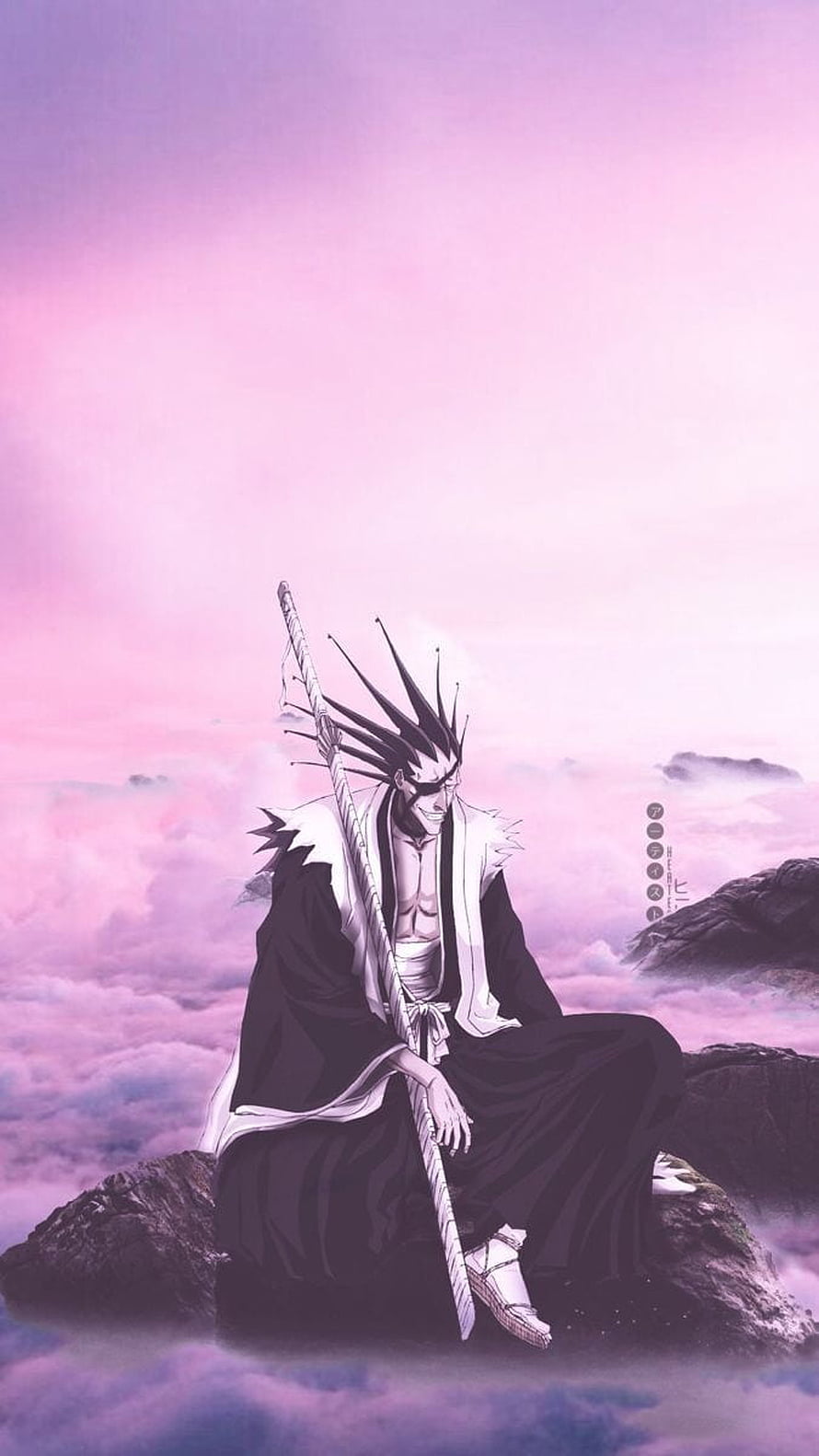 Kenpachi Zaraki from Bleach Sitting on a Rocky Outcrop Above a Sea of Pink Clouds HD phone wallpaper