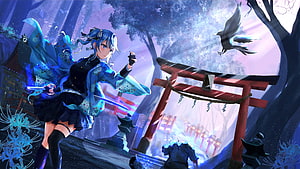 Hoshimachi Suisei in Traditional Japanese Attire with Sword at a Torii Gate HD wallpaper