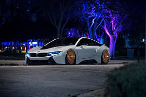 White BMW i8 with Gold Wheels Parked on a Street at Night with Neon Lighting HD wallpaper
