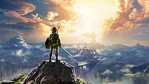 The Legend of Zelda Breath of the Wild Hero Standing on Cliff at Sunset HD wallpaper