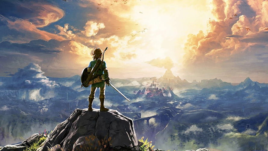 The Legend of Zelda Breath of the Wild Hero Standing on Cliff at Sunset HD wallpaper