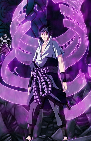 Sasuke Uchiha with Purple Chakra Aura and Sharingan Eyes in Anime Style HD phone wallpaper