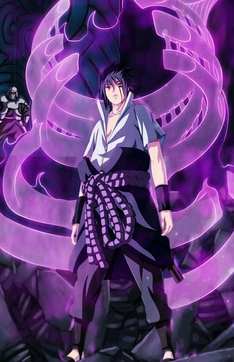 Sasuke Uchiha with Purple Chakra Aura and Sharingan Eyes in Anime Style HD phone wallpaper