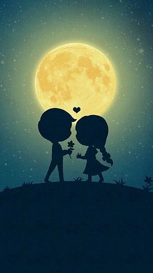 Cute Cartoon Couple Silhouette Under a Glowing Full Moon with a Rose HD phone wallpaper