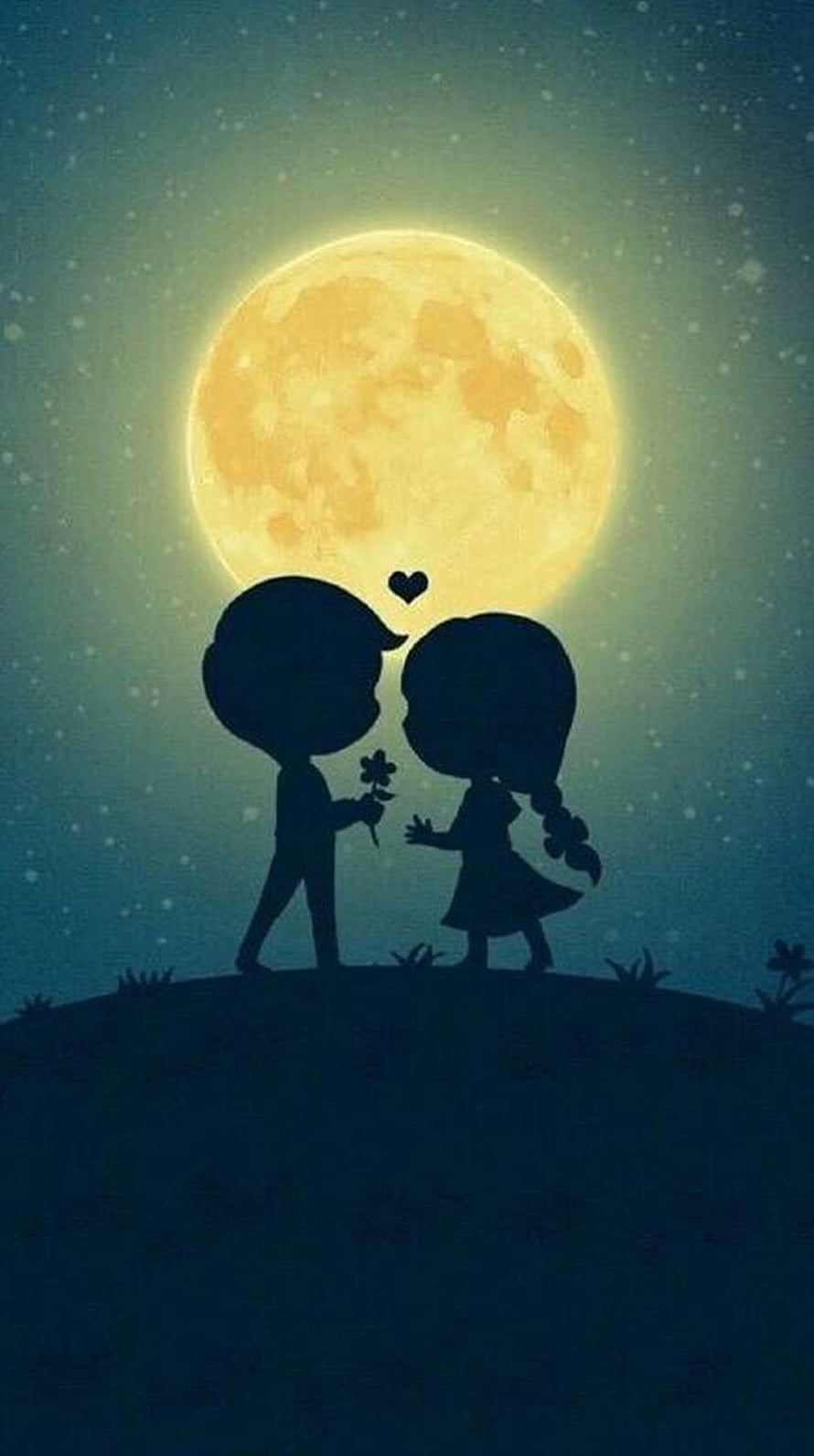 Cute Cartoon Couple Silhouette Under a Glowing Full Moon with a Rose HD phone wallpaper