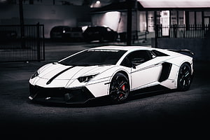 White Lamborghini Aventador LP700-4 with Tron Tuning in a Dark Urban Setting HD wallpaper