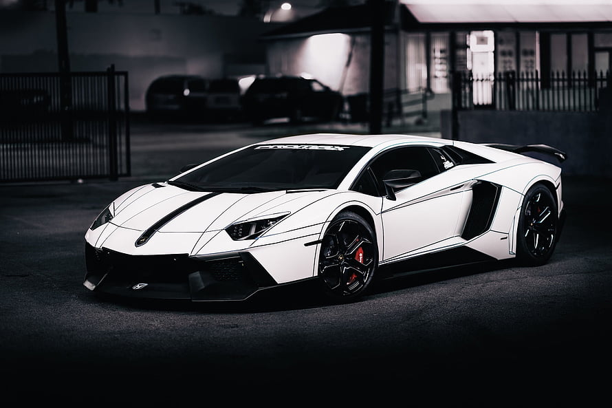 White Lamborghini Aventador LP700-4 with Tron Tuning in a Dark Urban Setting HD wallpaper
