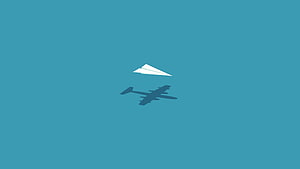 Minimalist Paper Airplane and Jet Silhouette Against a Solid Teal Sky HD wallpaper