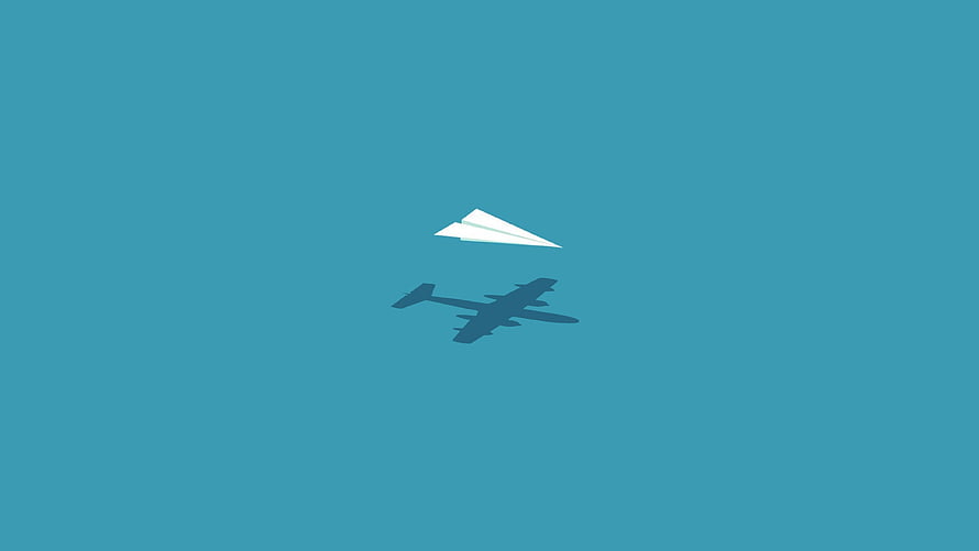 Minimalist Paper Airplane and Jet Silhouette Against a Solid Teal Sky HD wallpaper