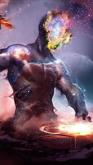 Cosmic Titan with Nebula Head and Star-Filled Body in Mythological Fantasy Art HD phone wallpaper