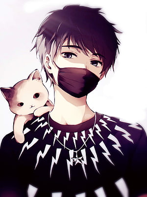 Anime Boy Wearing Black Face Mask With Kitten On Shoulder HD phone wallpaper