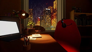 Cozy Lofi Study Room With Rainy City View And Red Chair HD wallpaper