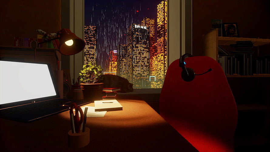 Cozy Lofi Study Room With Rainy City View And Red Chair HD wallpaper