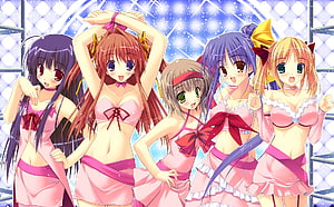 Five Anime Girls in Pink Stage Outfits with Sparkling Background HD wallpaper