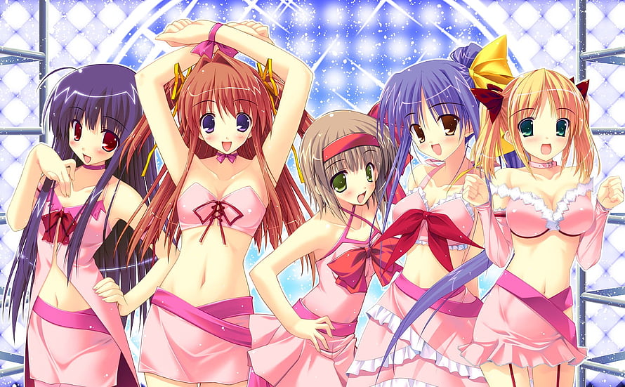 Five Anime Girls in Pink Stage Outfits with Sparkling Background HD wallpaper