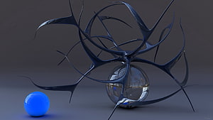 Abstract 3D Render of a Glass Sphere with Dark Metallic Tendrils and a Blue Orb HD wallpaper