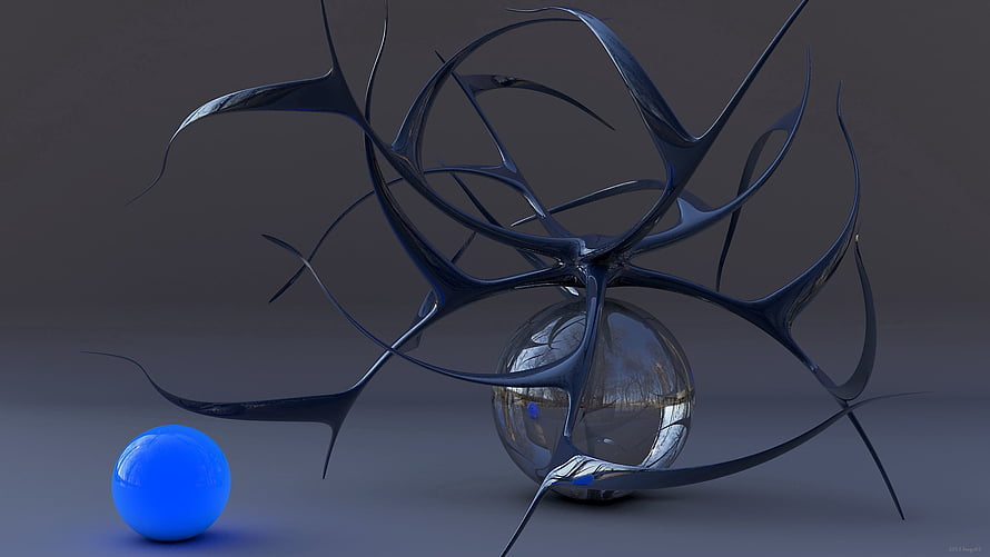 Abstract 3D Render of a Glass Sphere with Dark Metallic Tendrils and a Blue Orb HD wallpaper