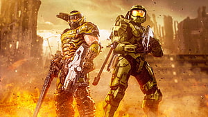 Master Chief and Doom Slayer in Golden Armor Amidst a Fiery Battlefield HD wallpaper