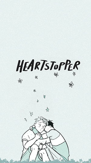 Heartstopper Illustration of Two Boys Embracing with Floating Flowers and Stars HD phone wallpaper