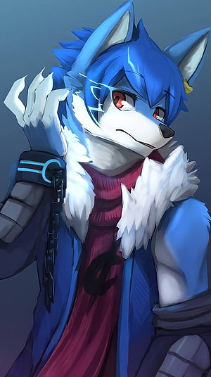 Blue Furry Wolf Character with Red Eyes and White Fur Collar in Anime Style HD phone wallpaper