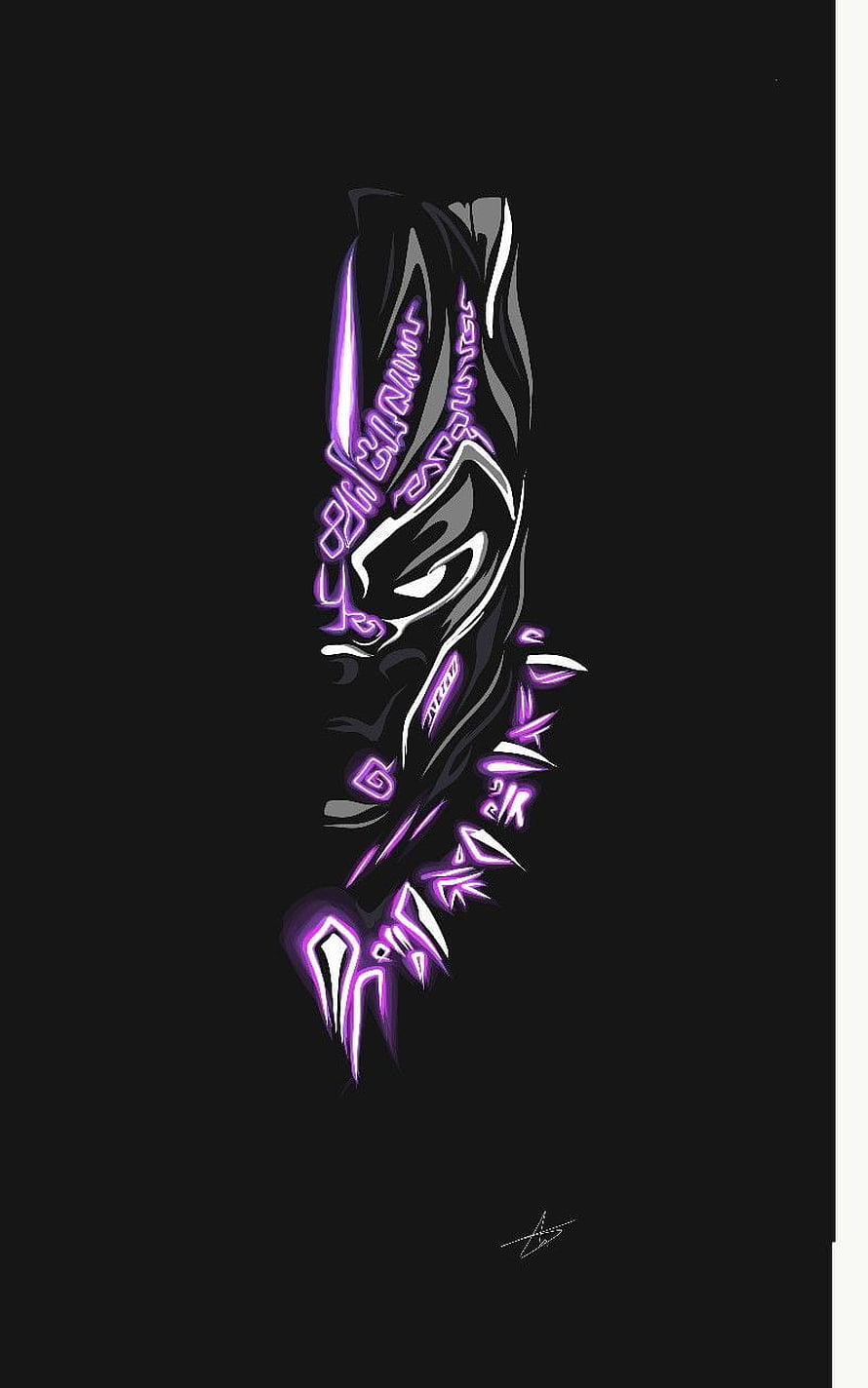 Black Panther Tribal Tattoo Design with Purple Neon Glow on Black Background HD phone wallpaper