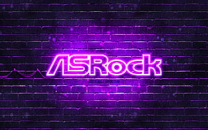 ASRock Neon Logo Glowing in Purple on a Dark Brick Wall HD wallpaper