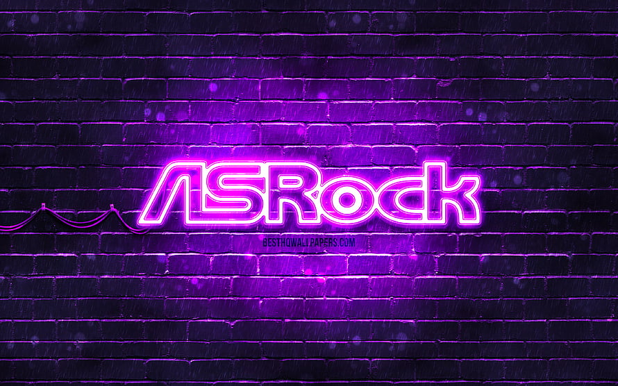 ASRock Neon Logo Glowing in Purple on a Dark Brick Wall HD wallpaper