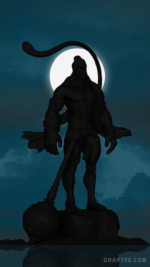 Hanuman Silhouette Standing on Rock with Full Moon and Gada Mace, Hanuman, Lord Hanuman 3D HD phone wallpaper