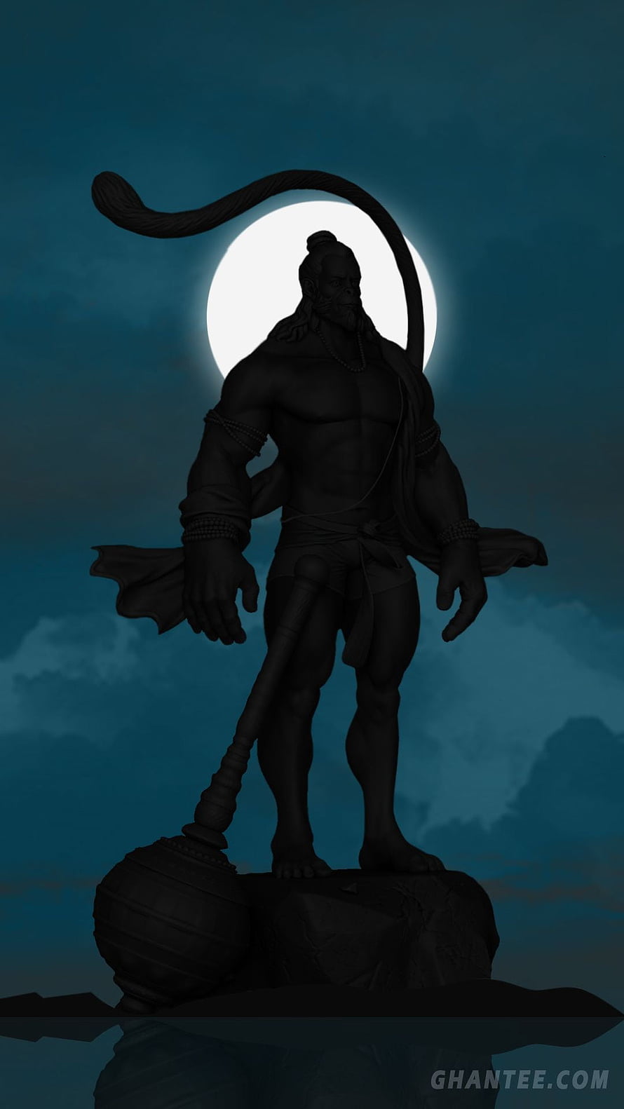 Hanuman Silhouette Standing on Rock with Full Moon and Gada Mace, Hanuman, Lord Hanuman 3D HD phone wallpaper