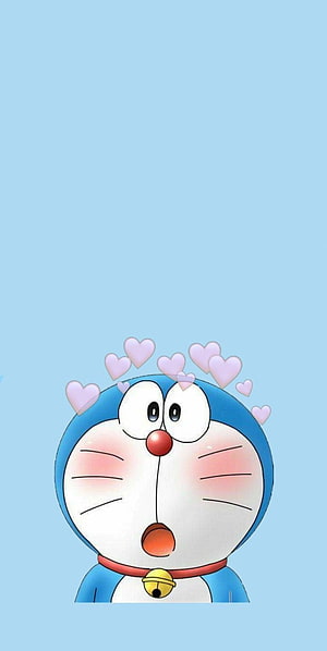 Doraemon Blushing with Floating Hearts on a Soft Blue Background HD phone wallpaper