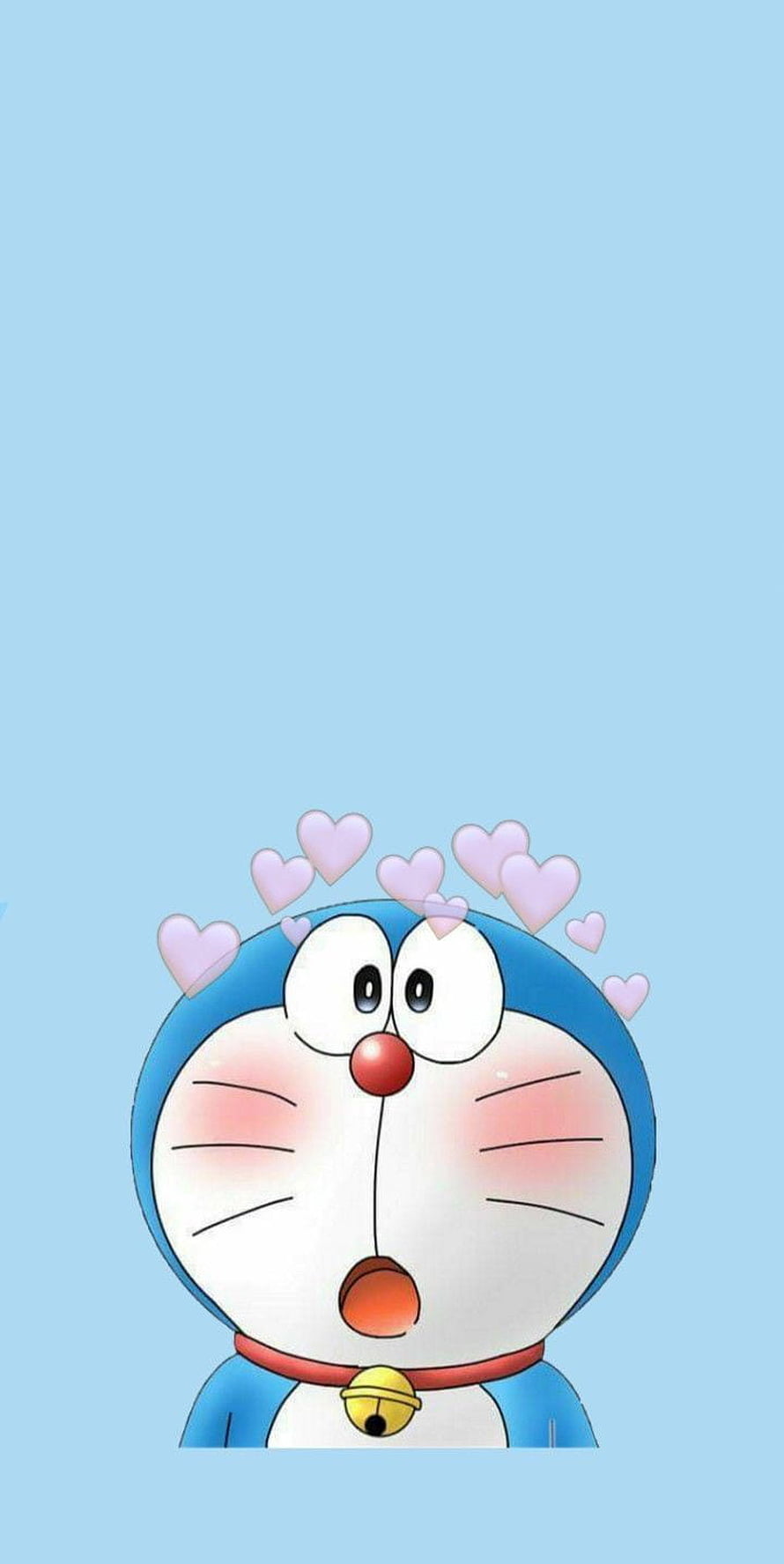 Doraemon Blushing with Floating Hearts on a Soft Blue Background HD phone wallpaper