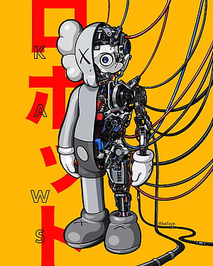 KAWS Companion Robot Half-Mechanical Illustration with Exposed Wiring and Cables HD phone wallpaper