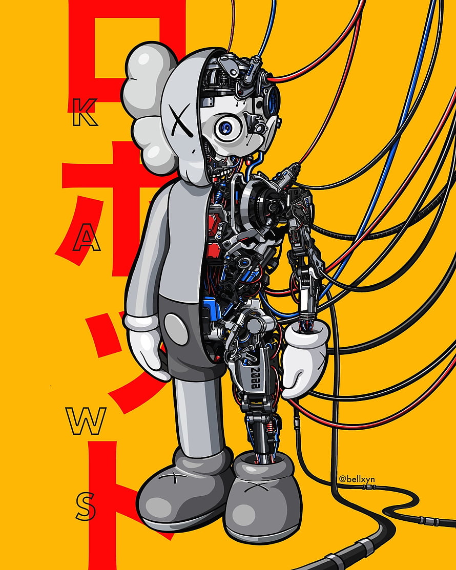 KAWS Companion Robot Half-Mechanical Illustration with Exposed Wiring and Cables HD phone wallpaper