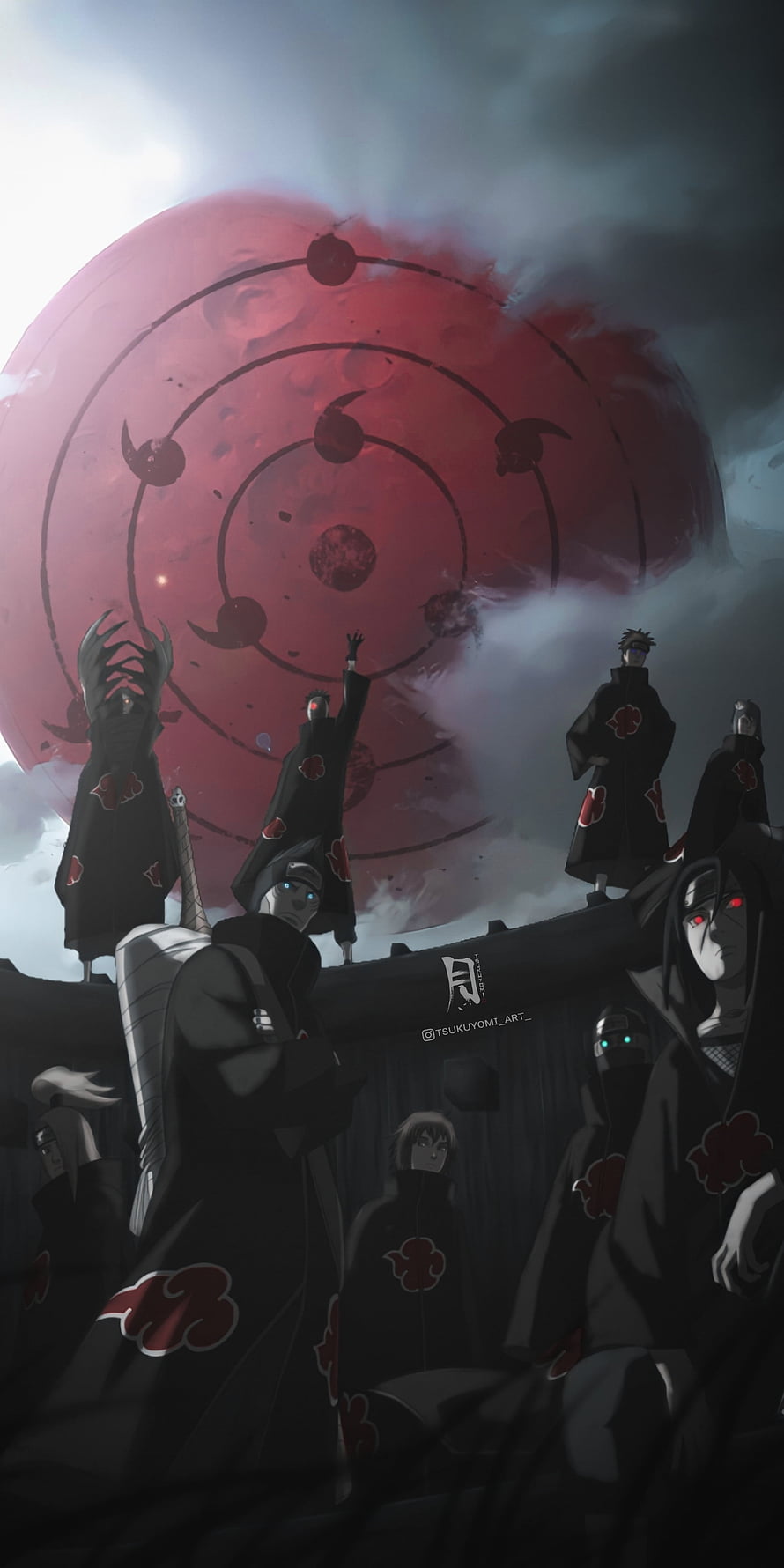 Akatsuki Members Gathered Before a Giant Red Sharingan in Dark Clouds HD phone wallpaper