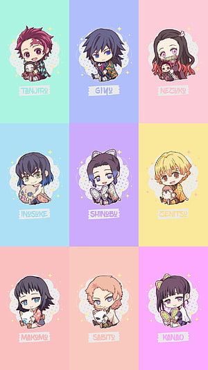 Demon Slayer Chibi Character Collection with Kawaii Pastel Backgrounds HD phone wallpaper