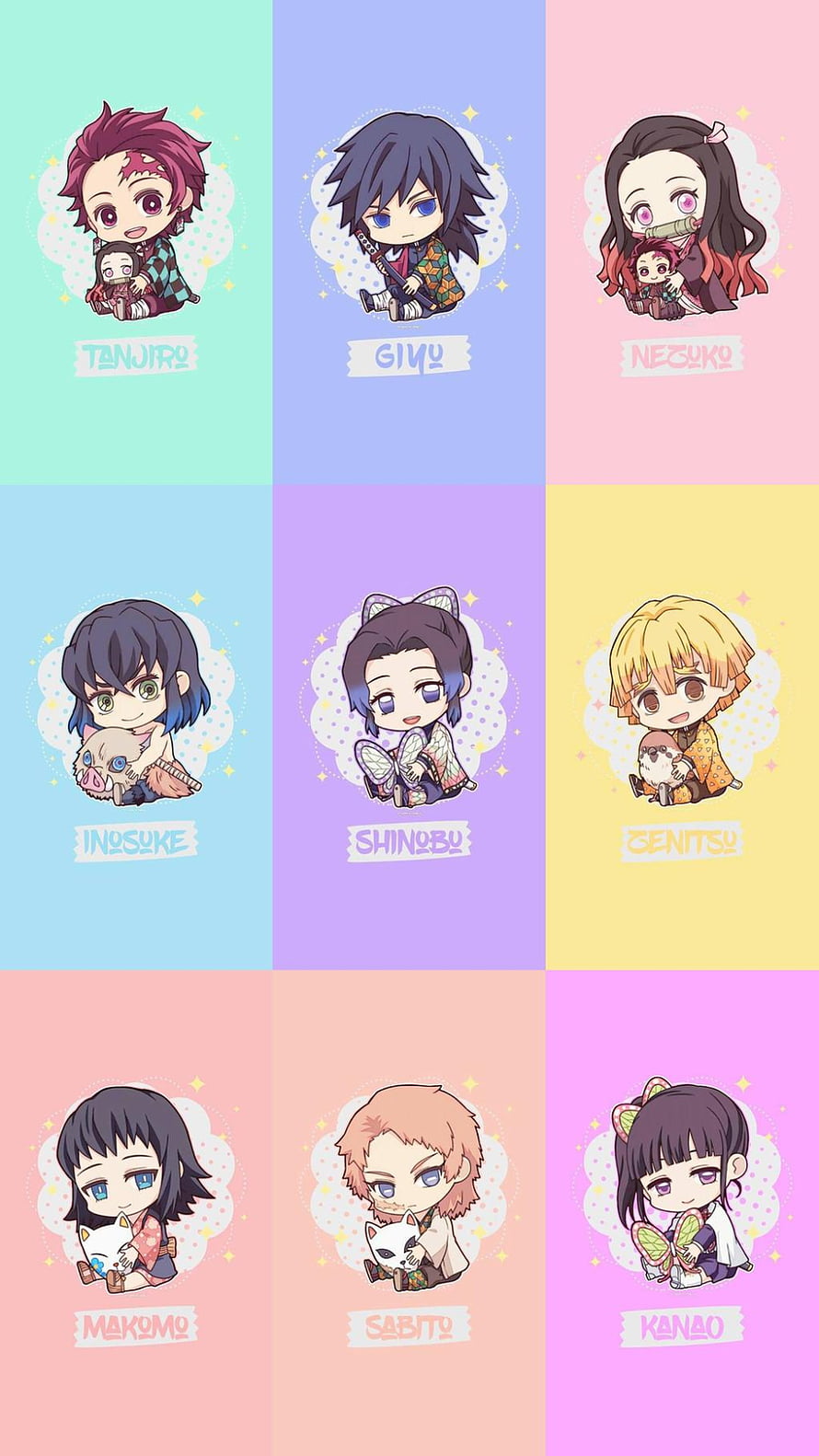 Demon Slayer Chibi Character Collection with Kawaii Pastel Backgrounds HD phone wallpaper
