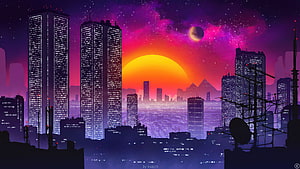 Neon Cyberpunk Cityscape with Alien Planet and Vibrant Sunset Skyline HD wallpaper