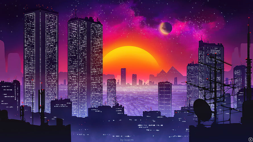 Neon Cyberpunk Cityscape with Alien Planet and Vibrant Sunset Skyline HD wallpaper